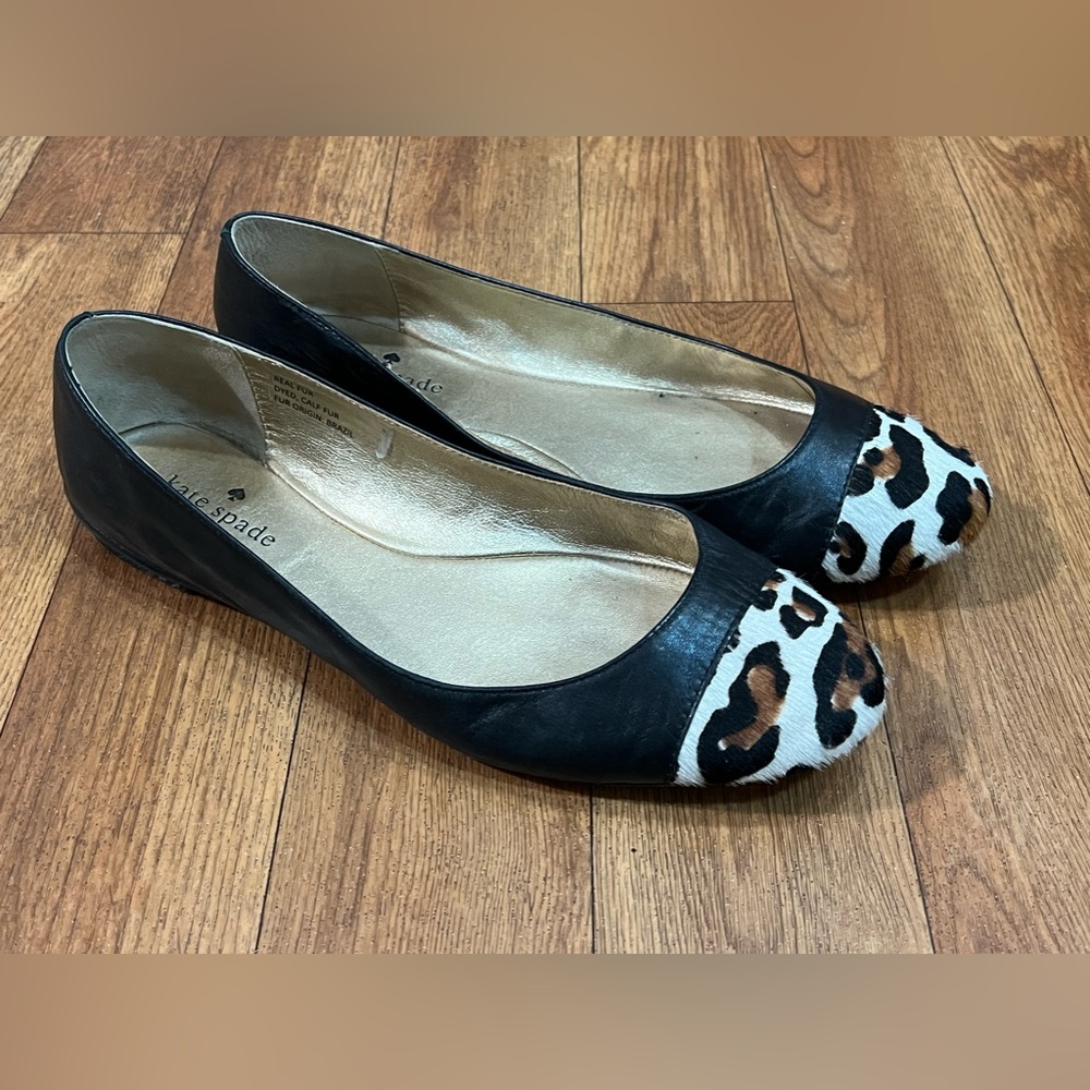 Kate Spade New York Black Leather Calf Fur Ballet Flats Women’s Size 8